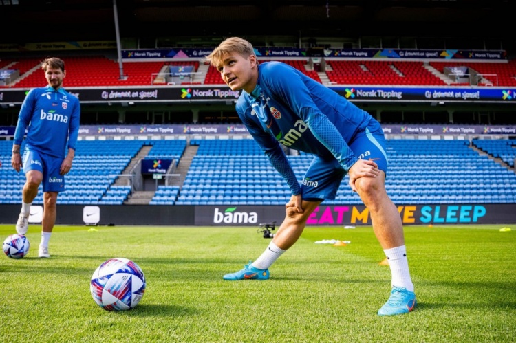 The Norwegian national team's social media showed photos of Harland and Odegaard training as the team prepares for the UEFA champions League