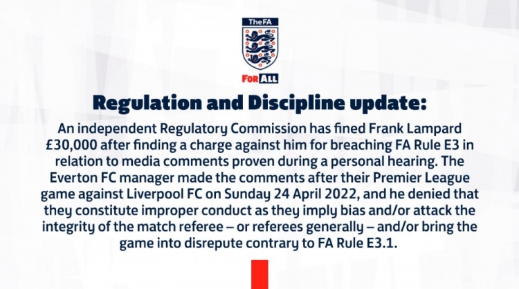 Frank lampard has been fined 30,000 pounds for making inappropriate comments about referees, football Association officials say